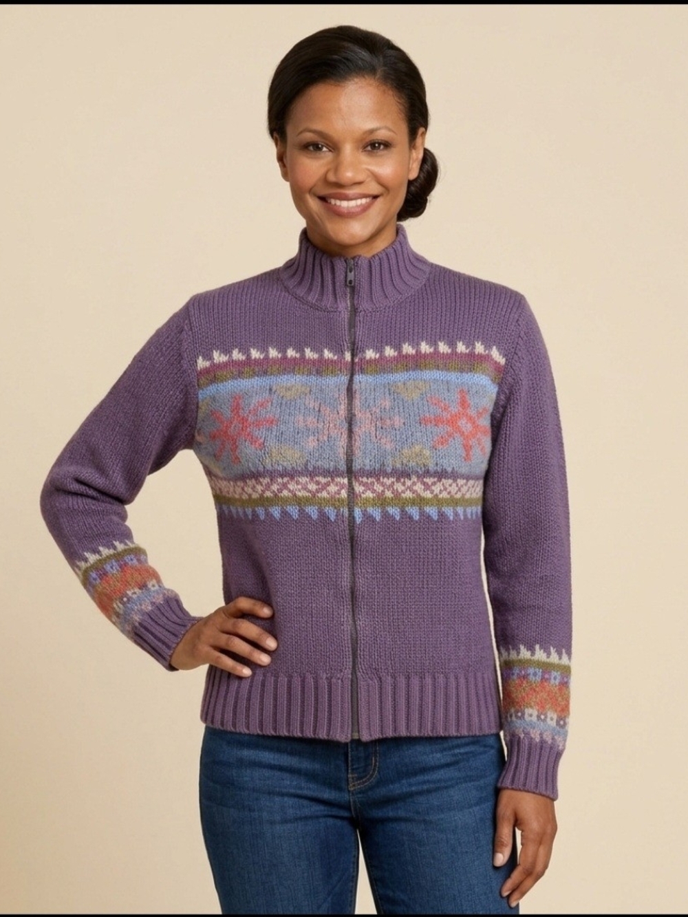 Source Unknown Purple Zip-Up Fair Isle Cardigan